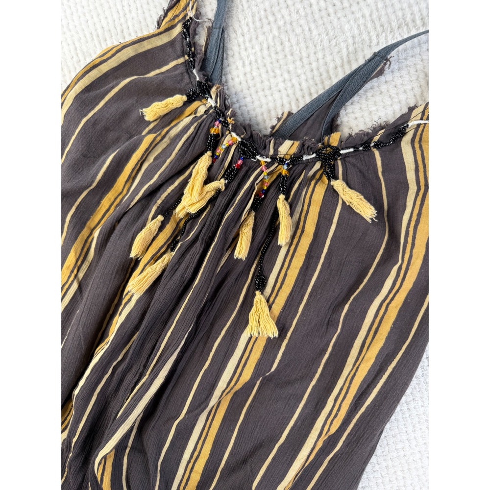 Free People Striped Maxi Dress XS Charcoal Mustard Tassel Beaded Boho Festival